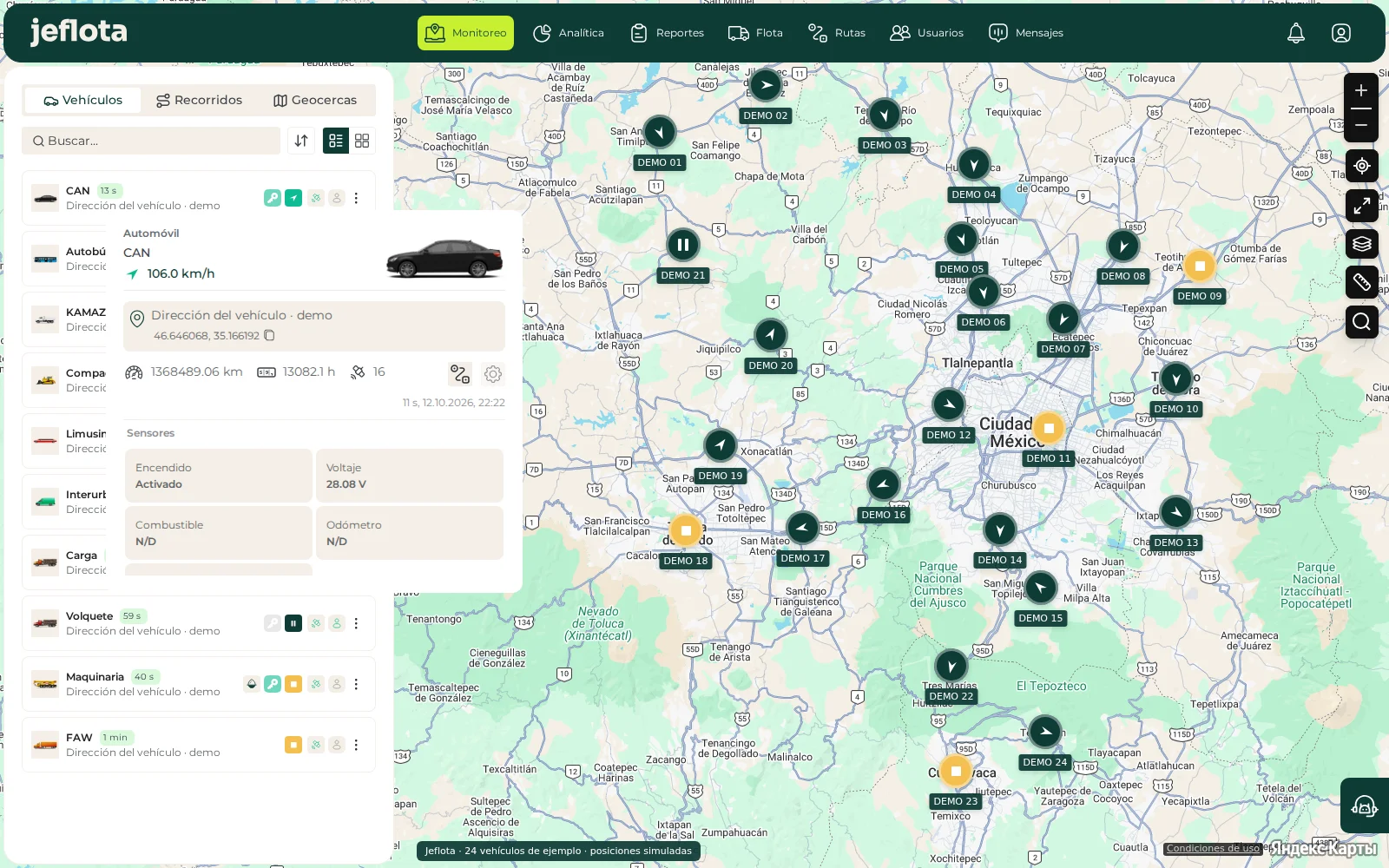 Jeflota en tablet: vista de demostración de una unidad y su ubicación