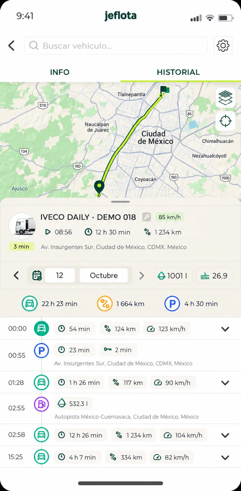 Interfaz móvil de Wiafleet adaptada a Jeflota: historial, mapa y recorridos de una unidad